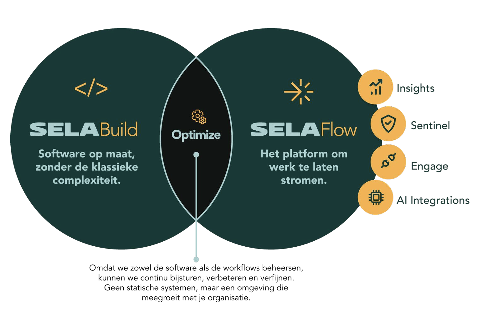 Infographic van de SELAS-aanpak met SELABuild, SELAFlow en Optimize